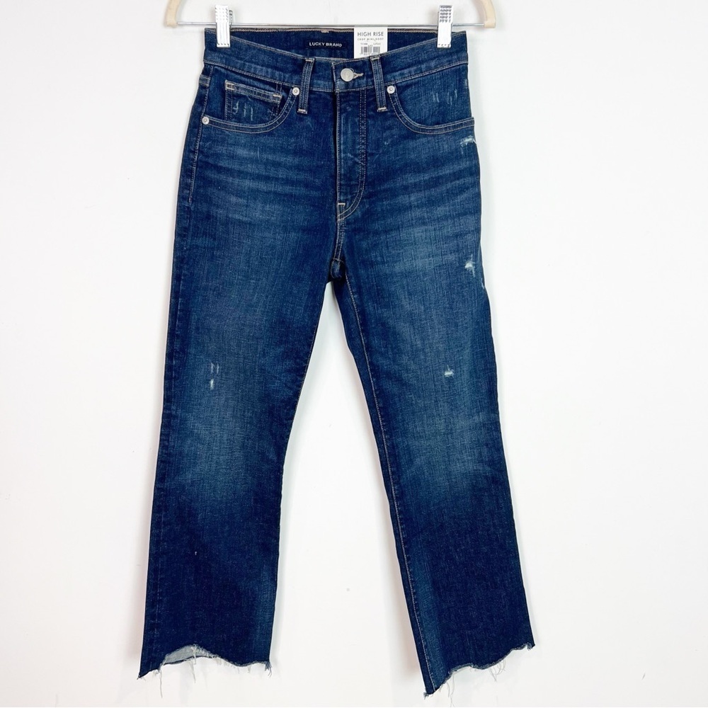 LUCKY BRAND HIGH RISE CROP MINI BOOT CUT DARK DENIM FRAY HEM JEANS SZ 27 NWT